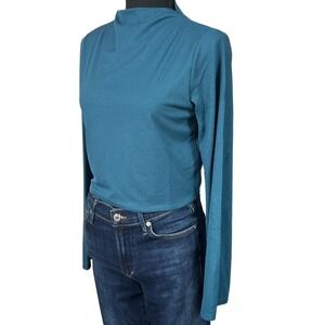 Band of the Free Avril Teal Mock Neck Crop Top Ribbed Tie Back Long Sleeve Small